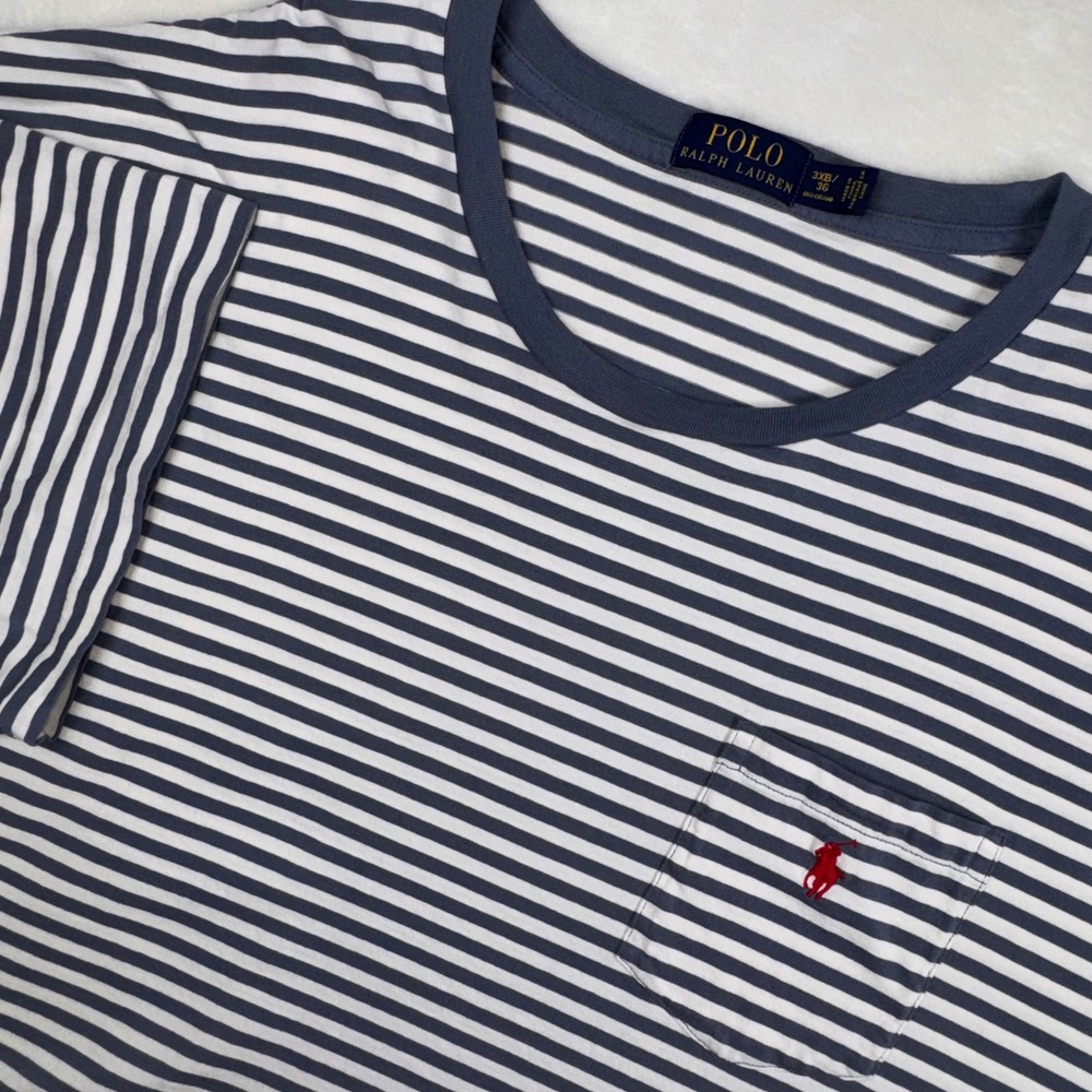 Polo Ralph Lauren T-Shirt Mens 3XB Blue White Striped Pocket Short Sleeve Pony